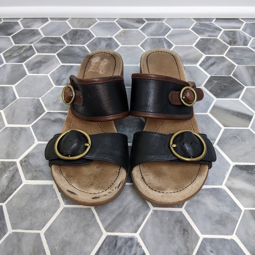 Dansko Lenny Double Strap Black Brown Leather Gold Buckle Block Heel San…